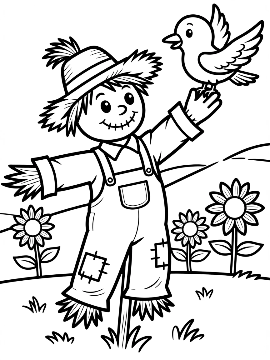 A scarecrow high-fiving a friendly bird.