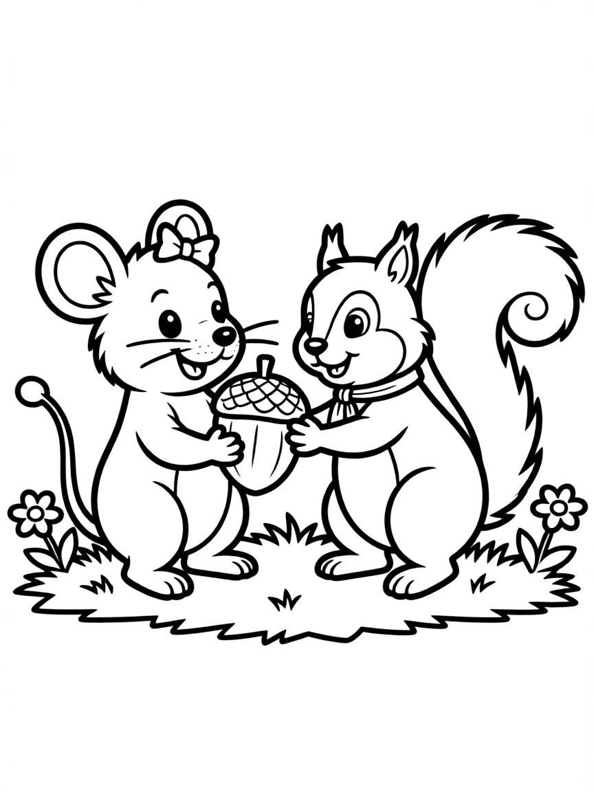 A cute little mouse sharing an acorn with a squirrel.