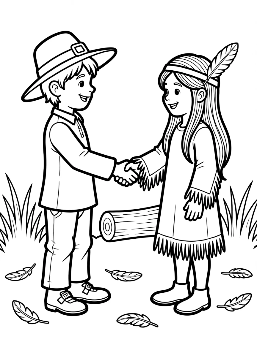 A happy pilgrim boy and Native American girl shaking hands.