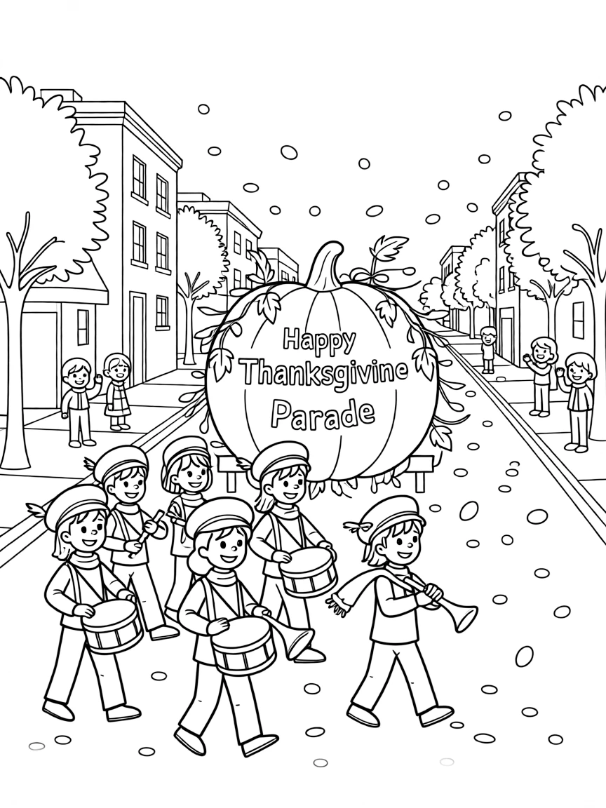 A Thanksgiving parade with marching bands and confetti.