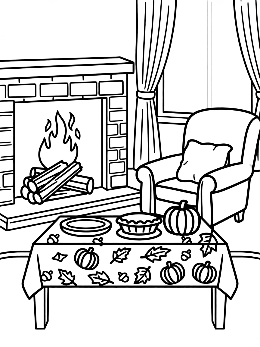 A cozy living room with a crackling fire and a Thanksgiving tablecloth.