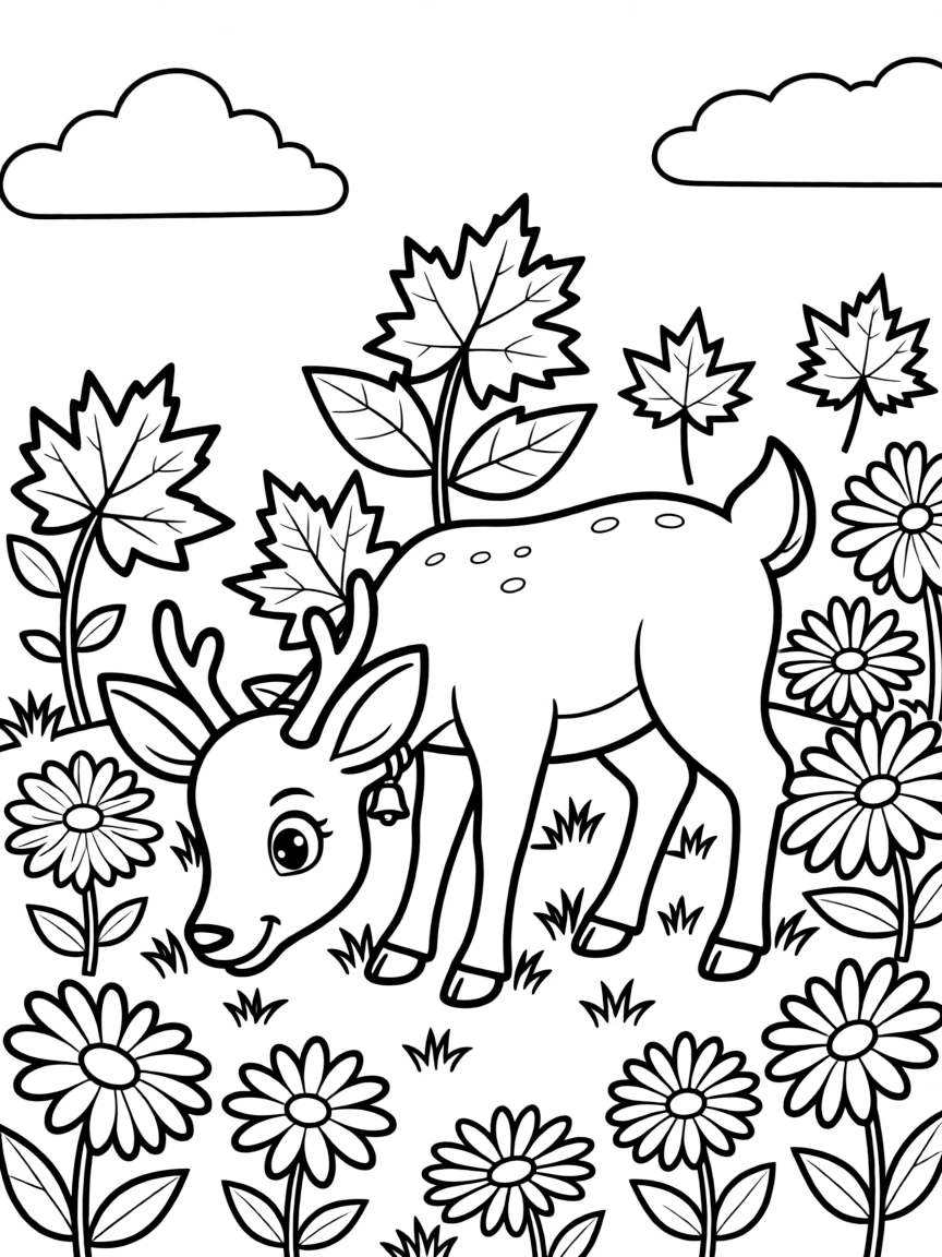 A friendly deer grazing in a field of autumn flowers.