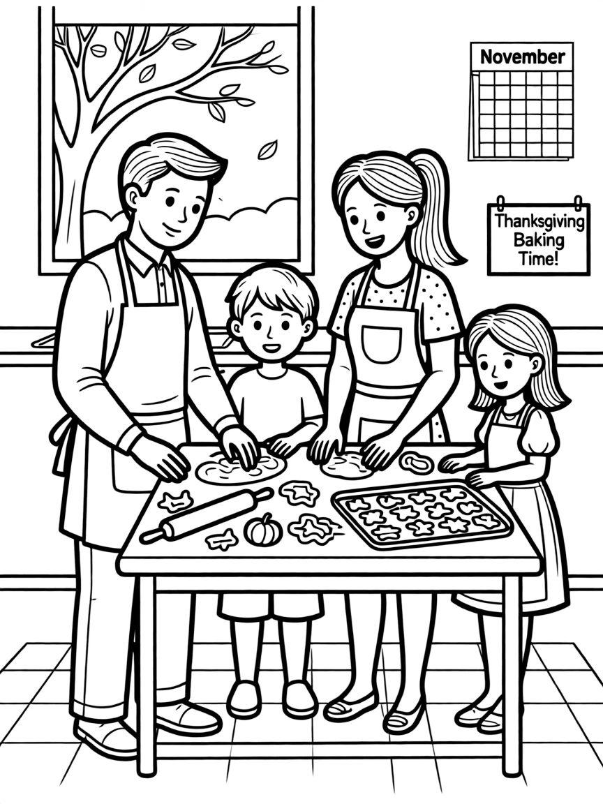 A happy family baking Thanksgiving cookies.