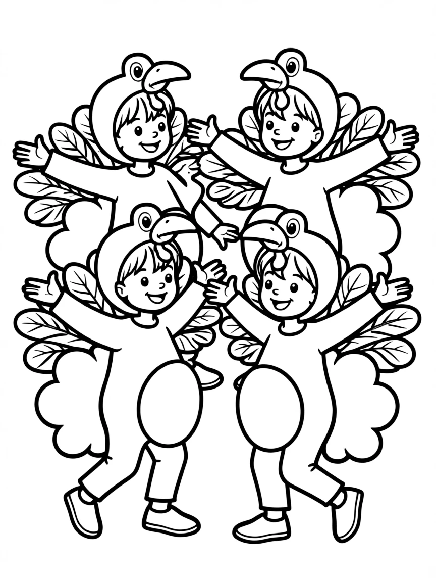 A group of children dressed as turkeys doing a silly dance.