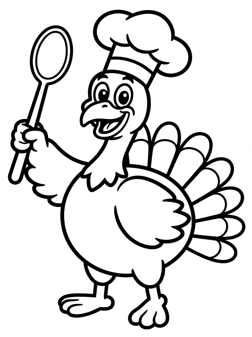 A funny turkey wearing a chef's hat and holding a cooking spoon.