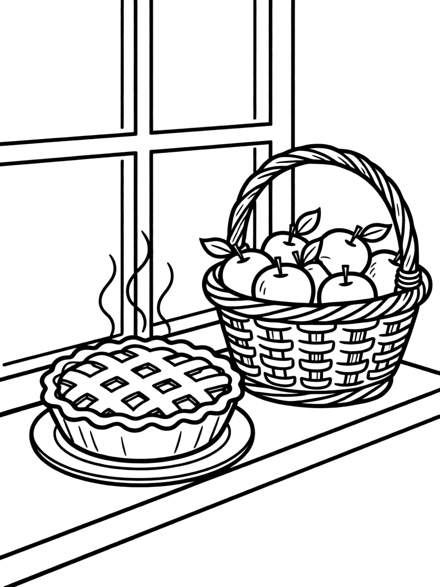 A basket of freshly picked apples and a pie cooling on a windowsill.