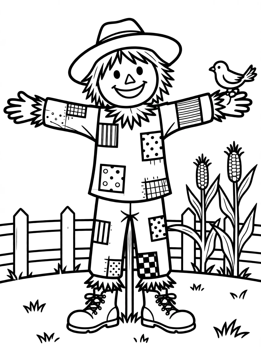 A happy scarecrow wearing a patchwork outfit and a big smile.