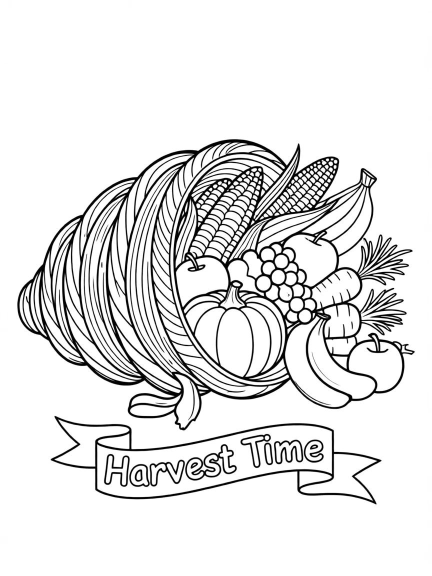A detailed drawing of a cornucopia with a variety of produce.