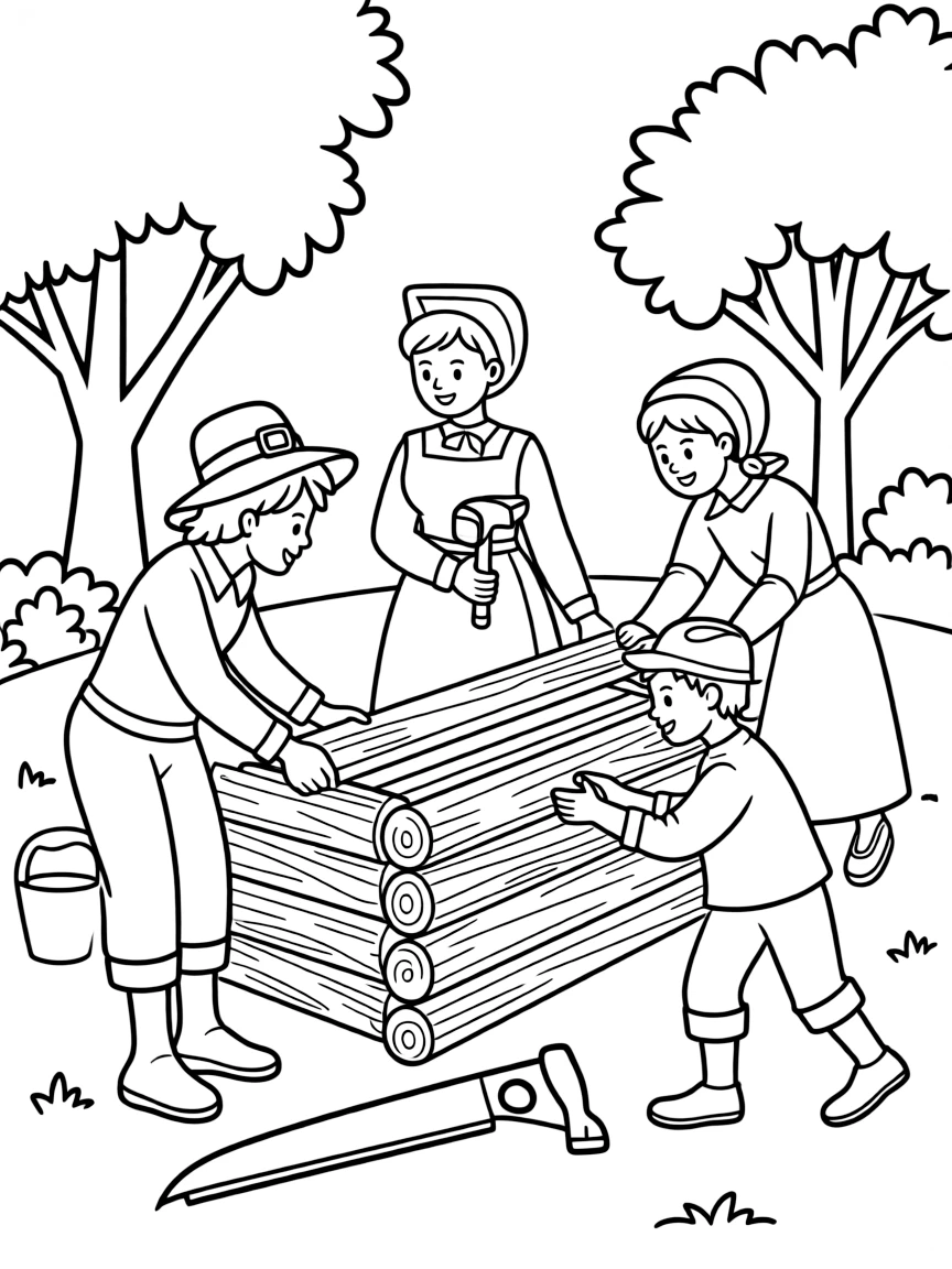 A group of pilgrims building their first homes.