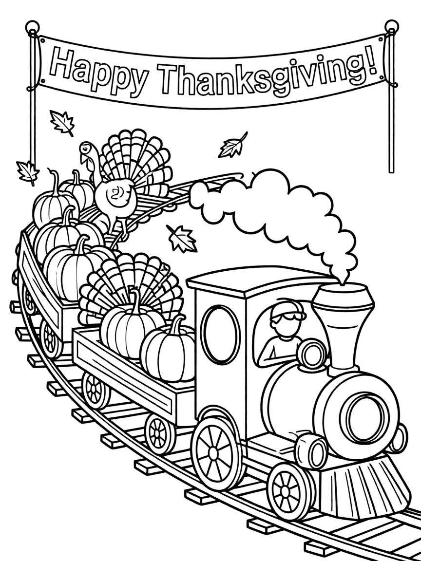 A Thanksgiving-themed train carrying pumpkins and turkeys.