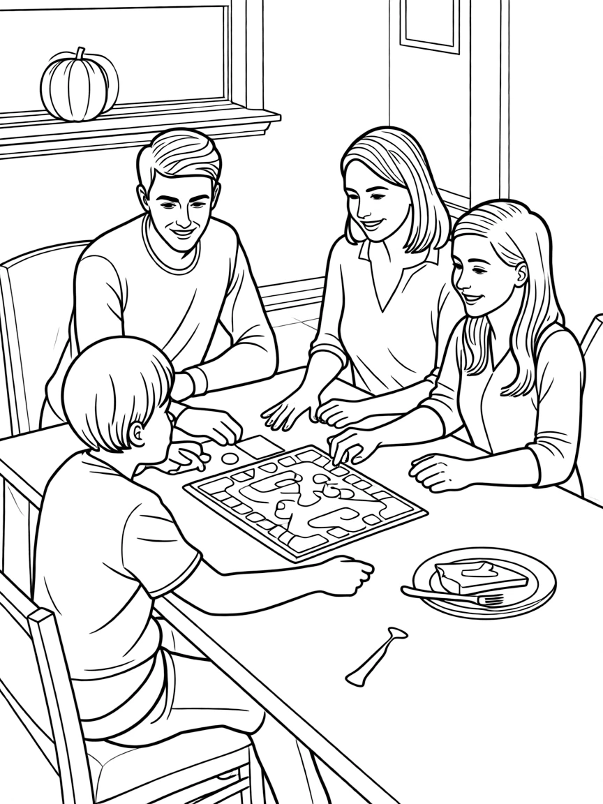 A happy family playing board games after Thanksgiving dinner.