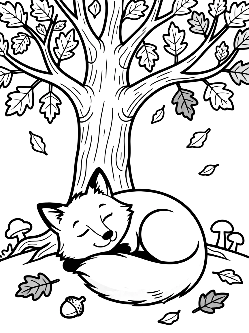 A friendly fox napping under a cozy autumn tree.