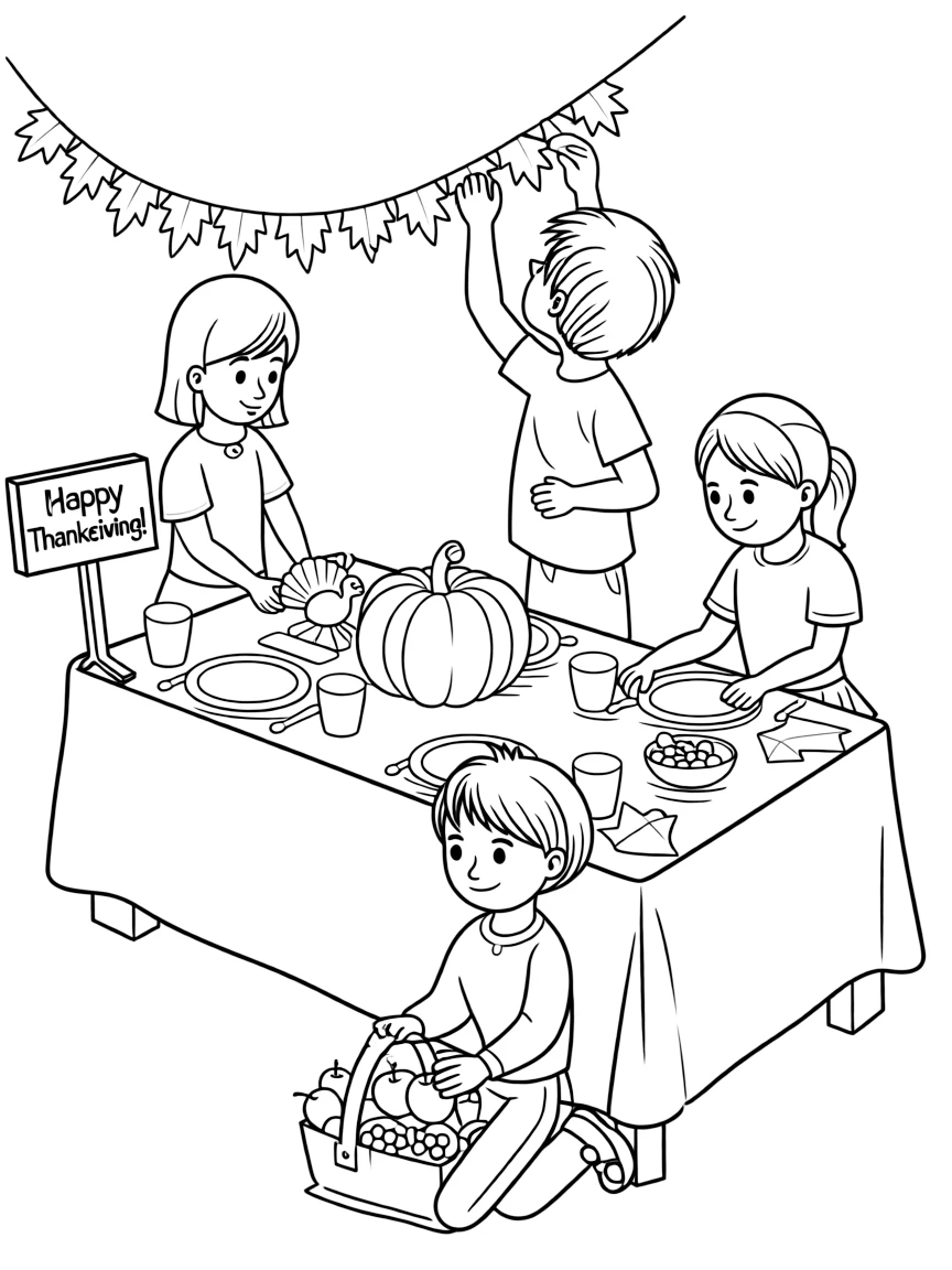 A group of children decorating a Thanksgiving table.