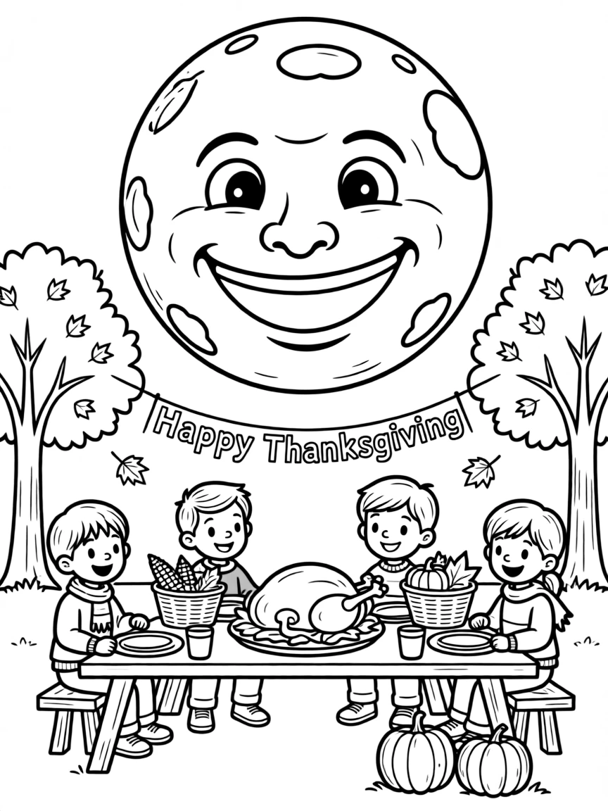 A smiling moon looking down on a Thanksgiving celebration.