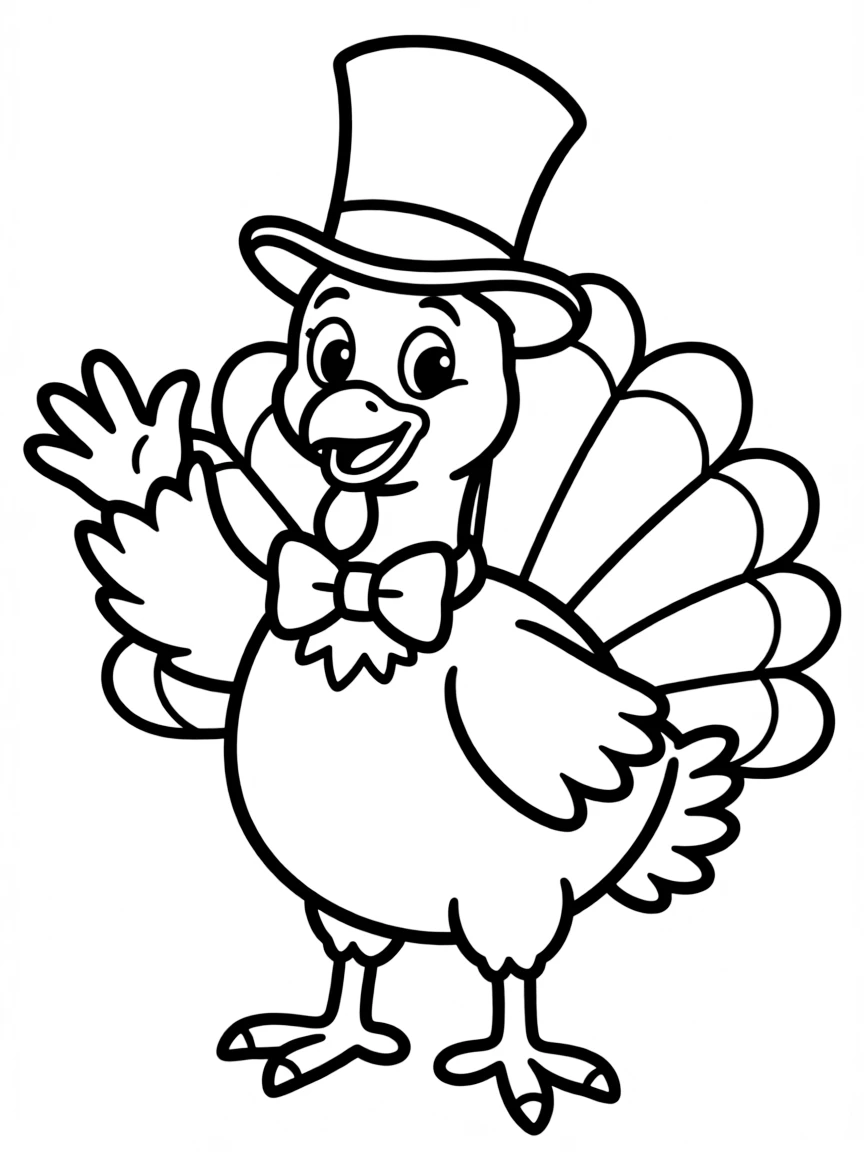 A cheerful turkey wearing a top hat and a bow tie.