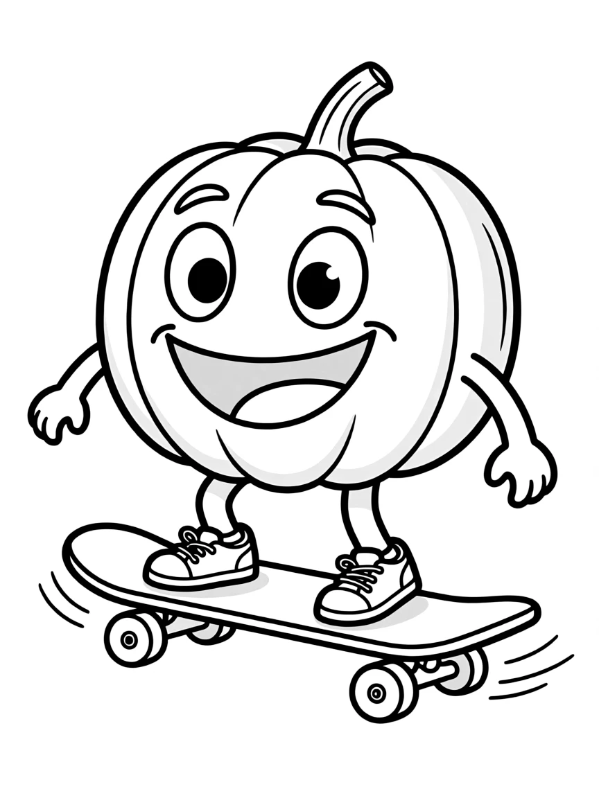 A big, happy pumpkin riding on a skateboard.
