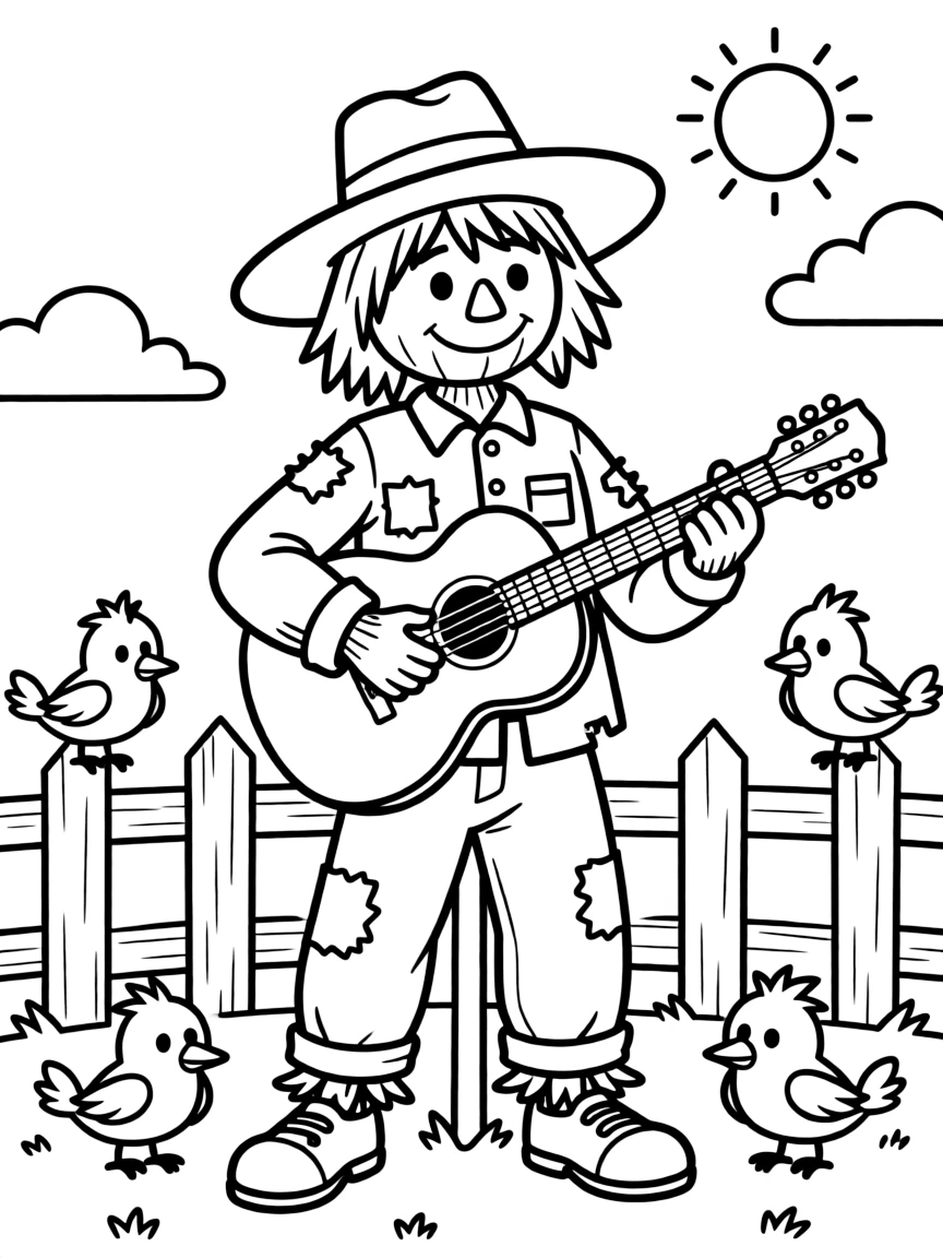 A scarecrow playing a guitar for a group of friendly birds.