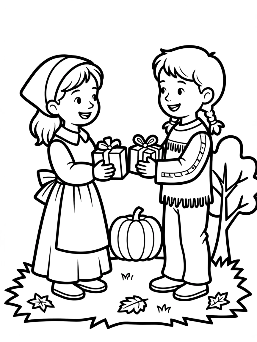 A happy pilgrim girl and Native American boy exchanging gifts.