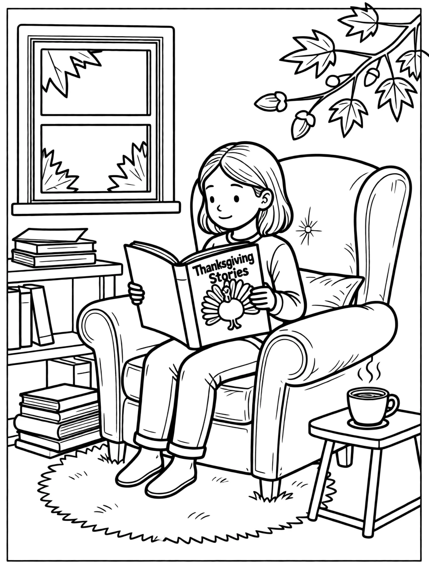 A cozy reading nook with a Thanksgiving-themed book.
