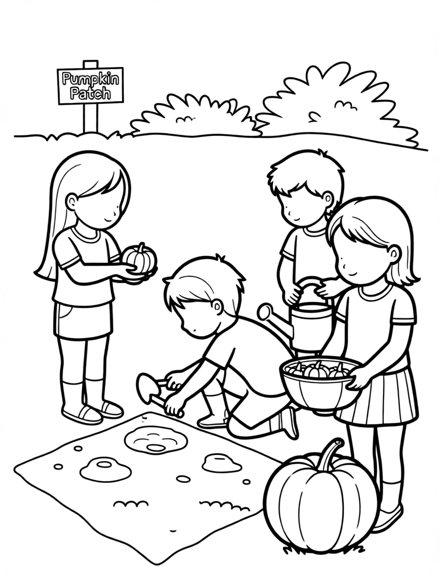 A group of children planting pumpkin seeds.