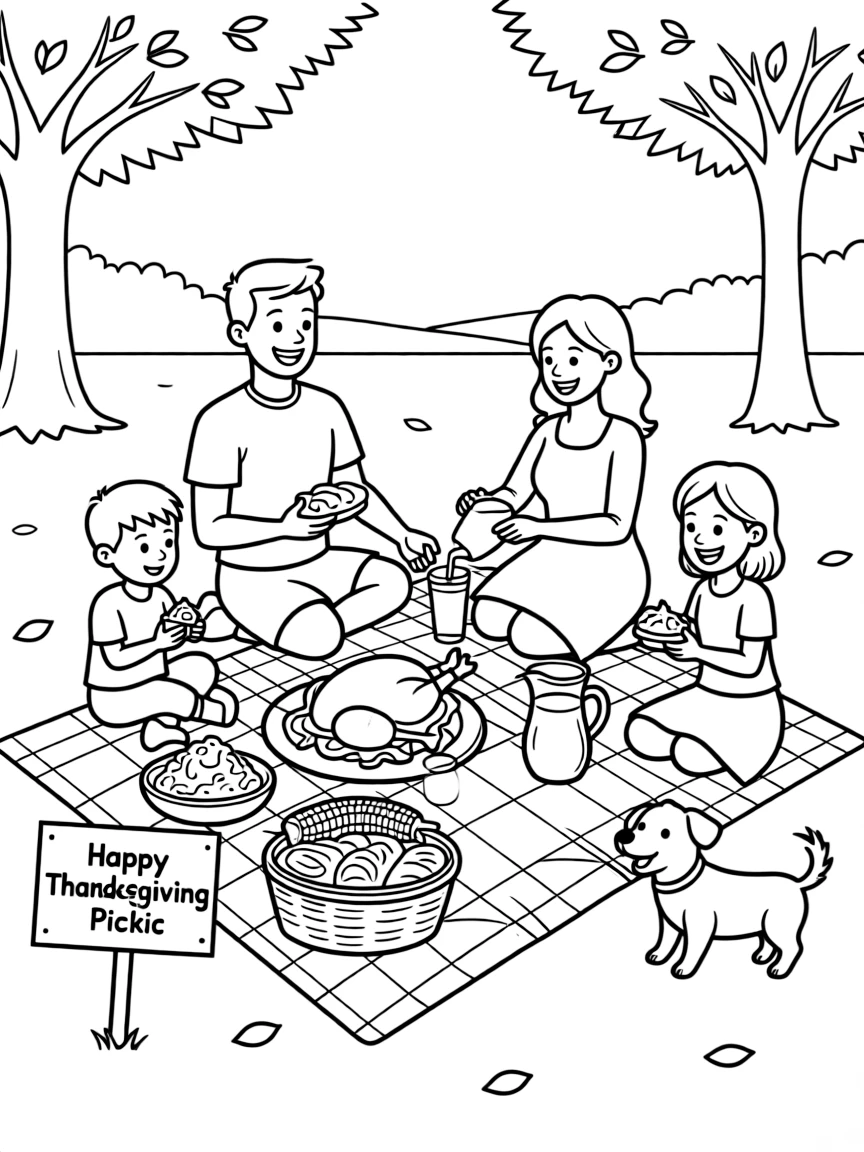 A happy family enjoying a Thanksgiving picnic outdoors.