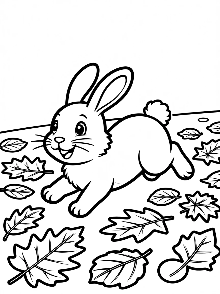 A playful bunny hopping through a field of fallen leaves.