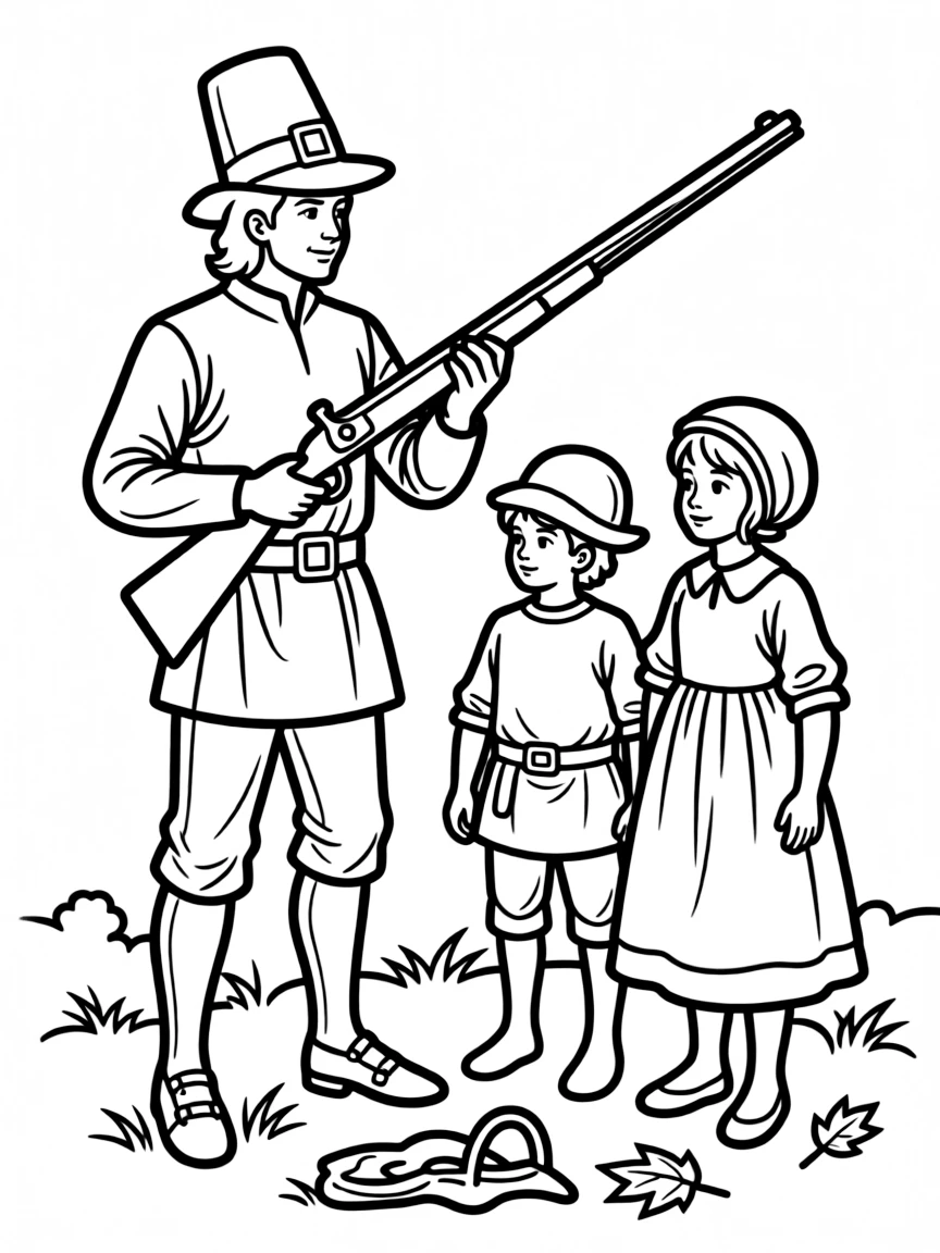 A pilgrim father teaching his children how to hunt.