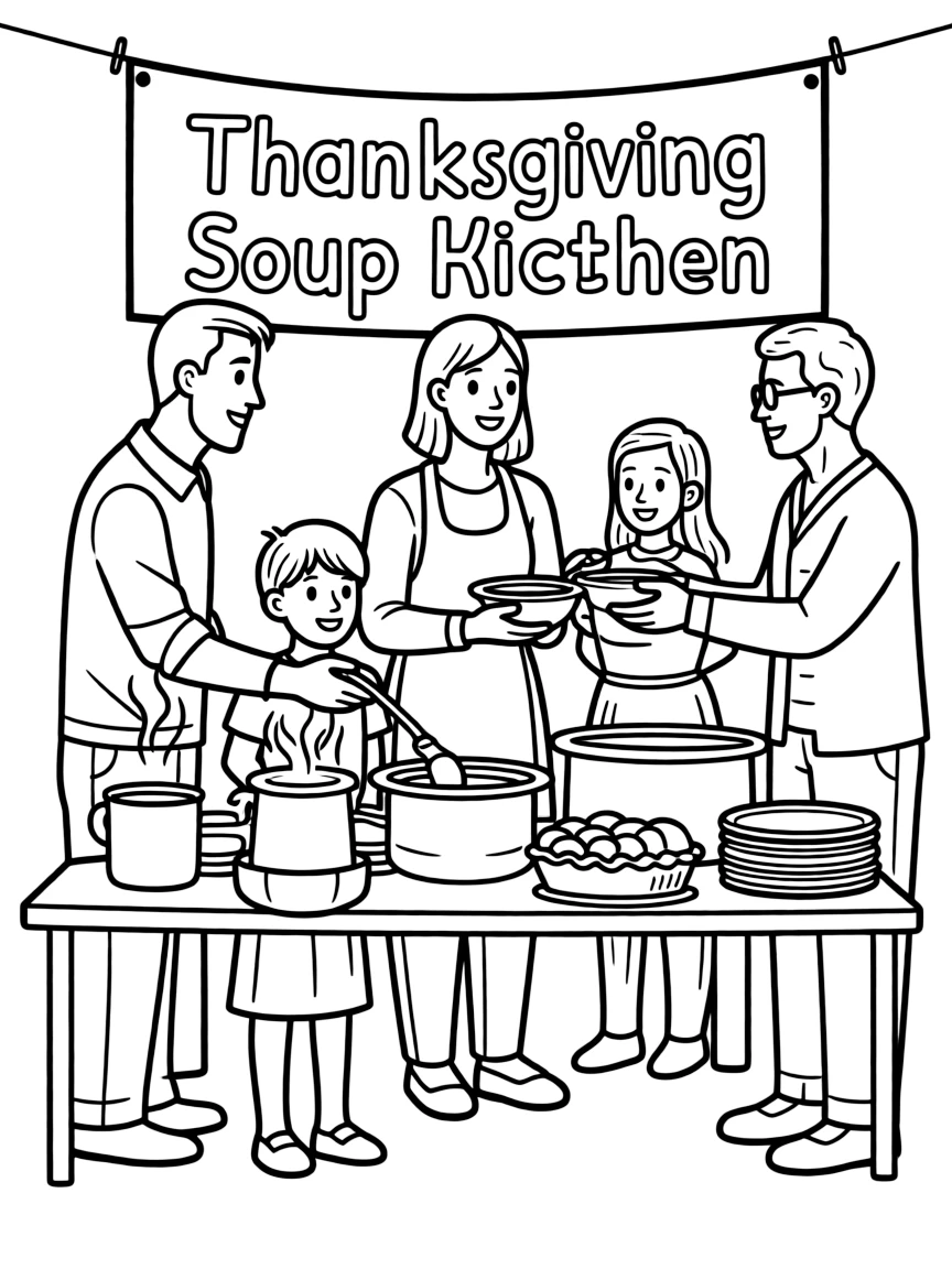 A happy family volunteering at a Thanksgiving soup kitchen.