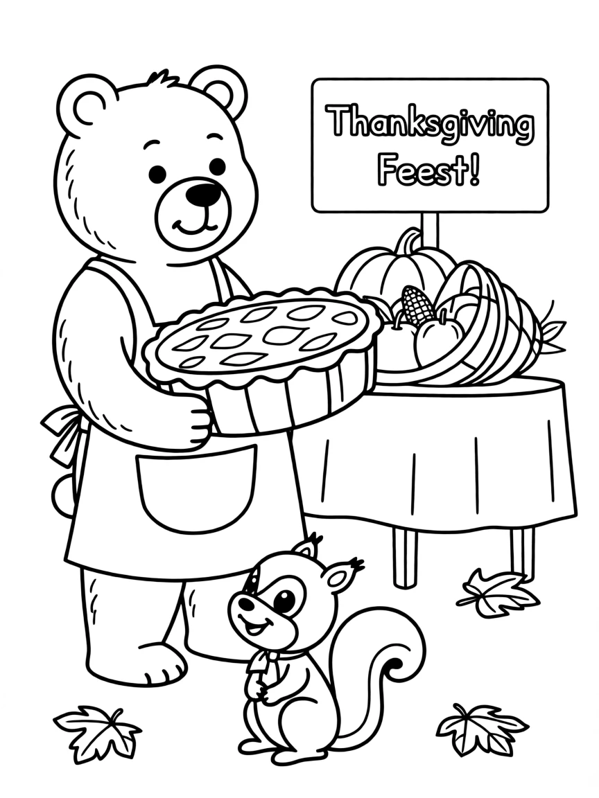 A friendly bear inviting a squirrel to his Thanksgiving feast.