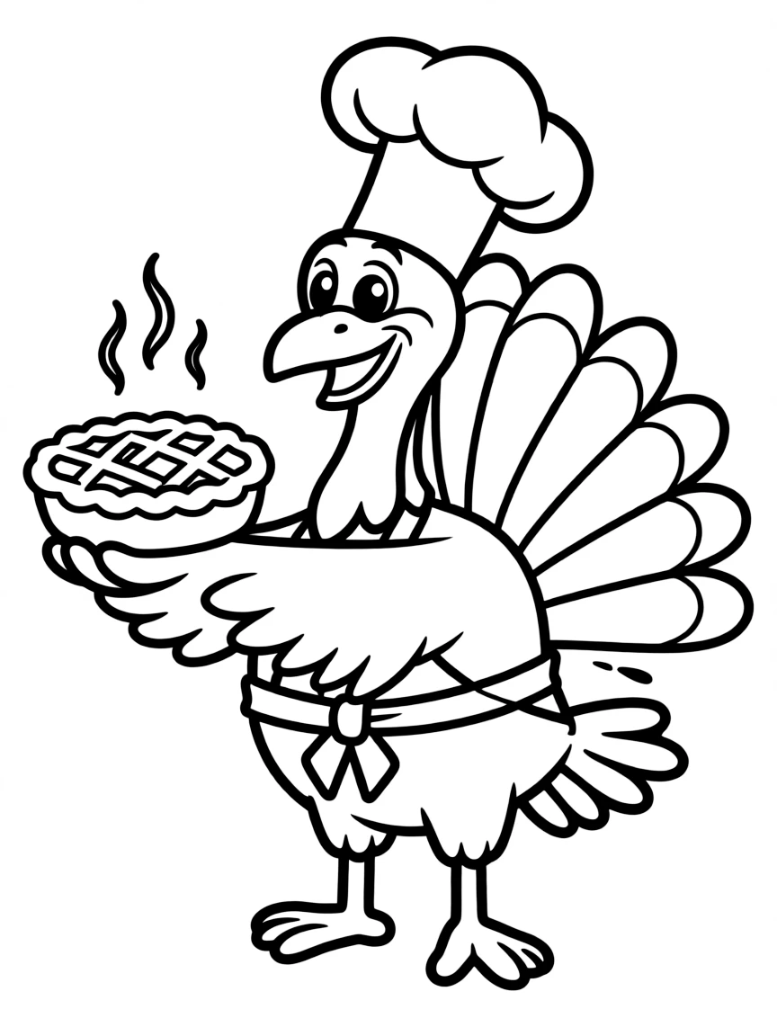 A cheerful turkey wearing a chef's hat and carrying a pie.