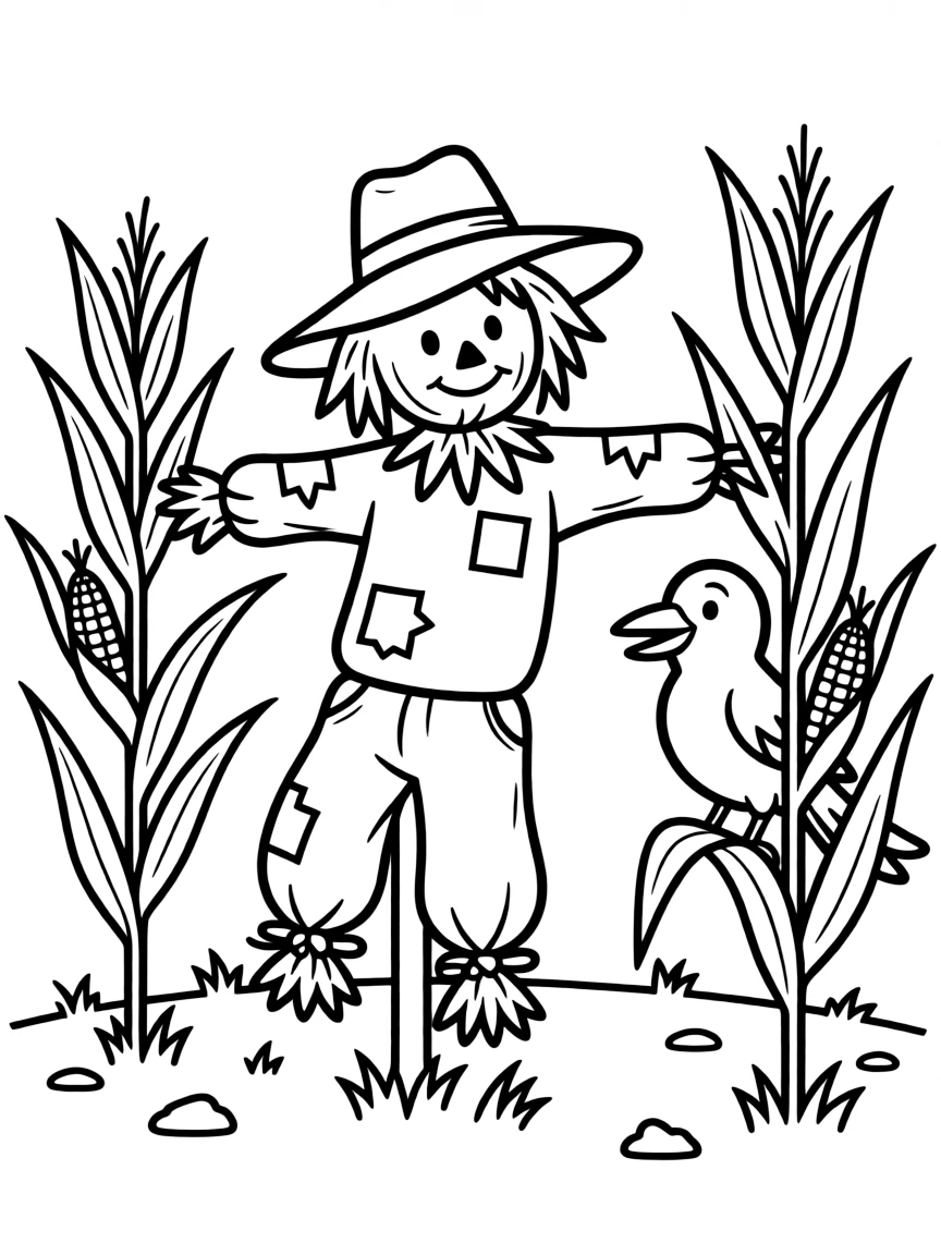 A scarecrow playing hide-and-seek with a crow.