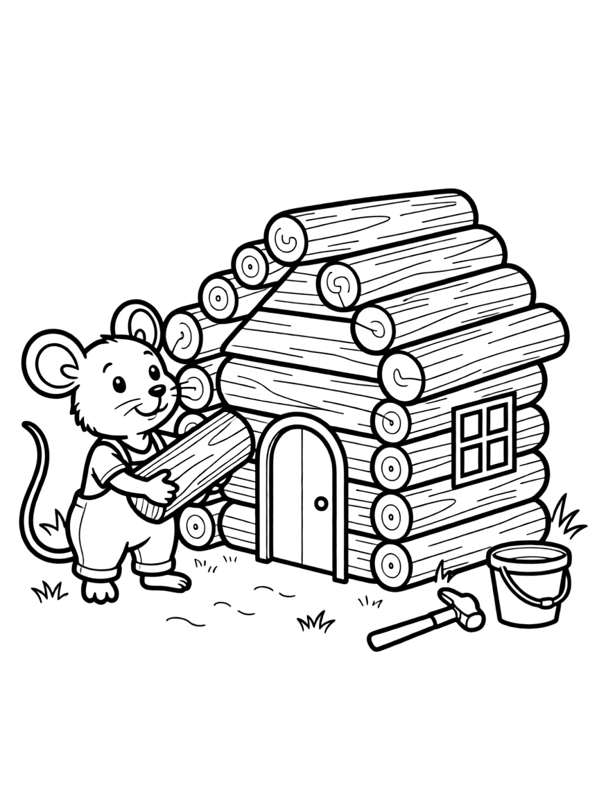 A cute little mouse building a tiny log cabin.