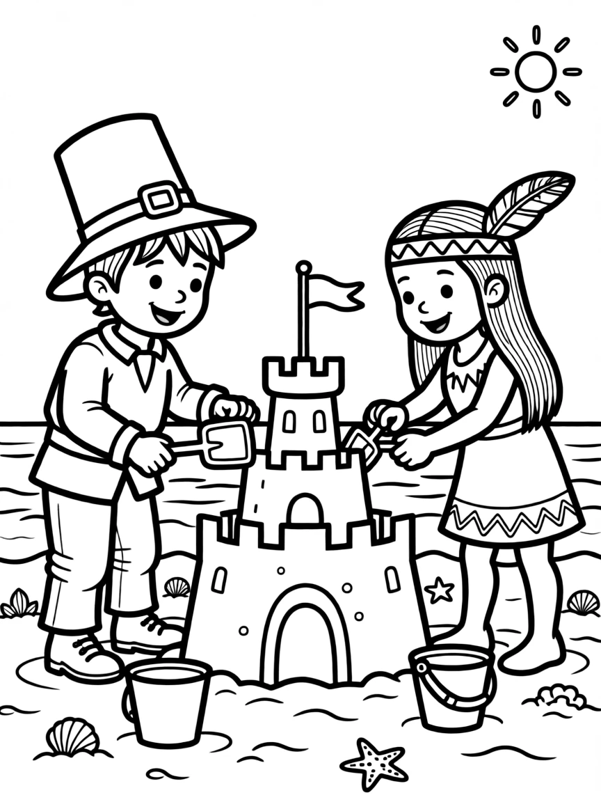 A happy pilgrim boy and Native American girl building a sandcastle.