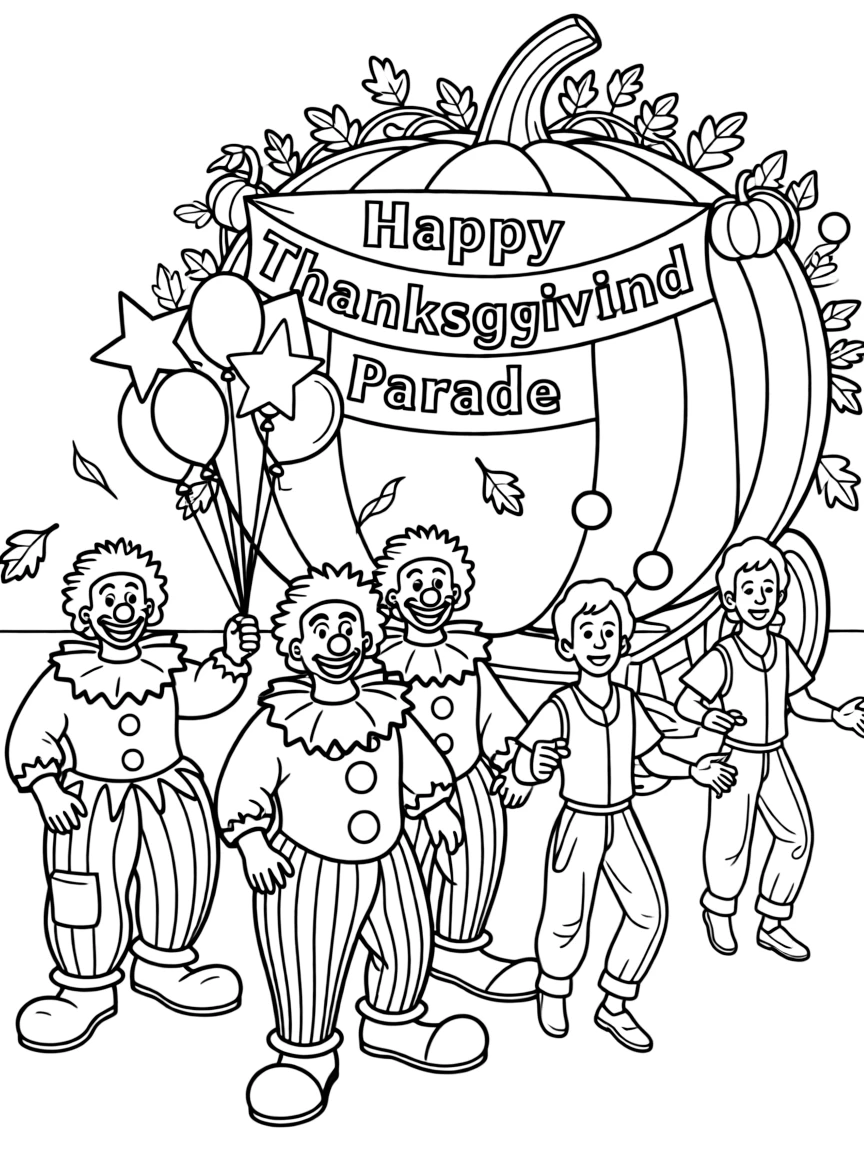 A Thanksgiving parade with clowns and jugglers.