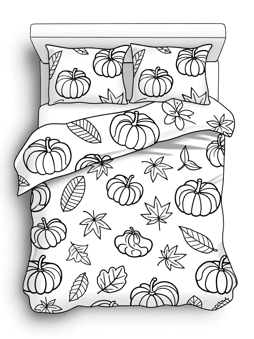 A cozy bed with a Thanksgiving-themed blanket.