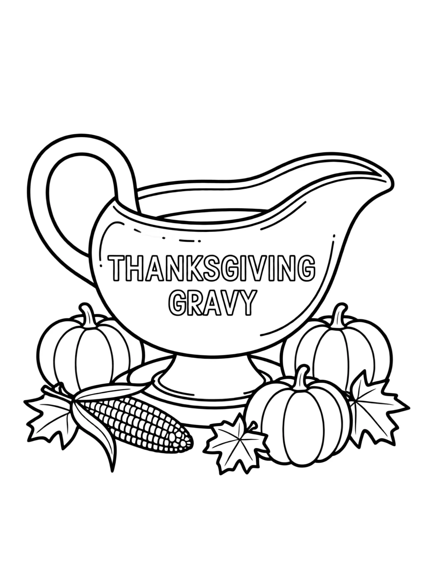 A detailed drawing of a Thanksgiving gravy boat.