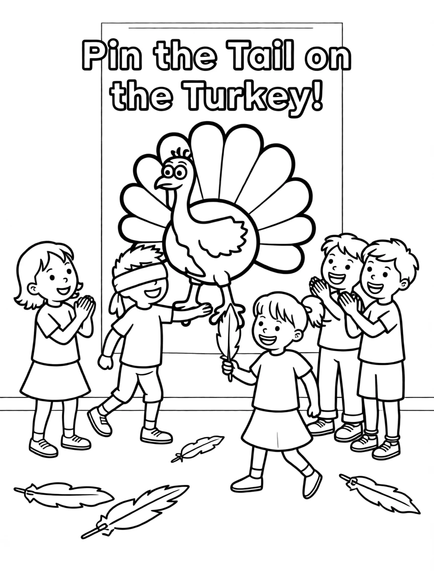 A group of children playing "pin the tail on the turkey."