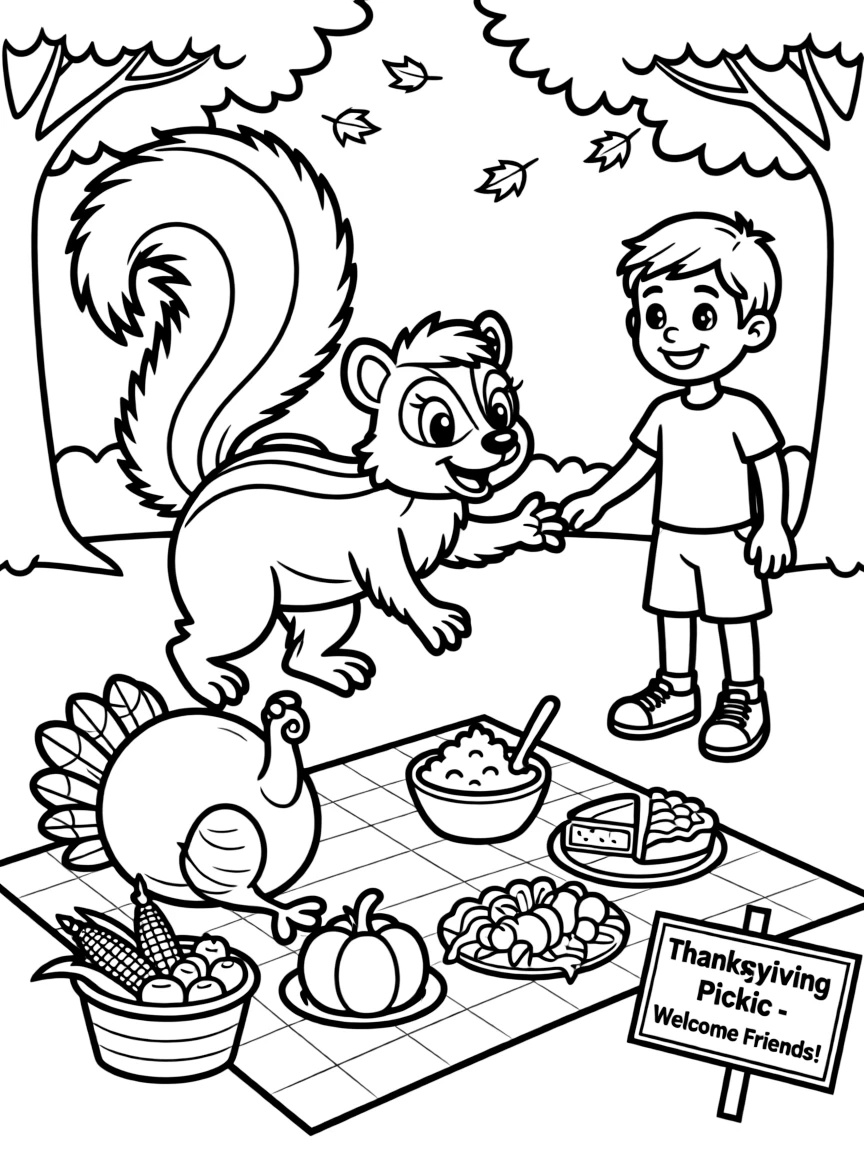 A playful skunk trying to join a Thanksgiving picnic.