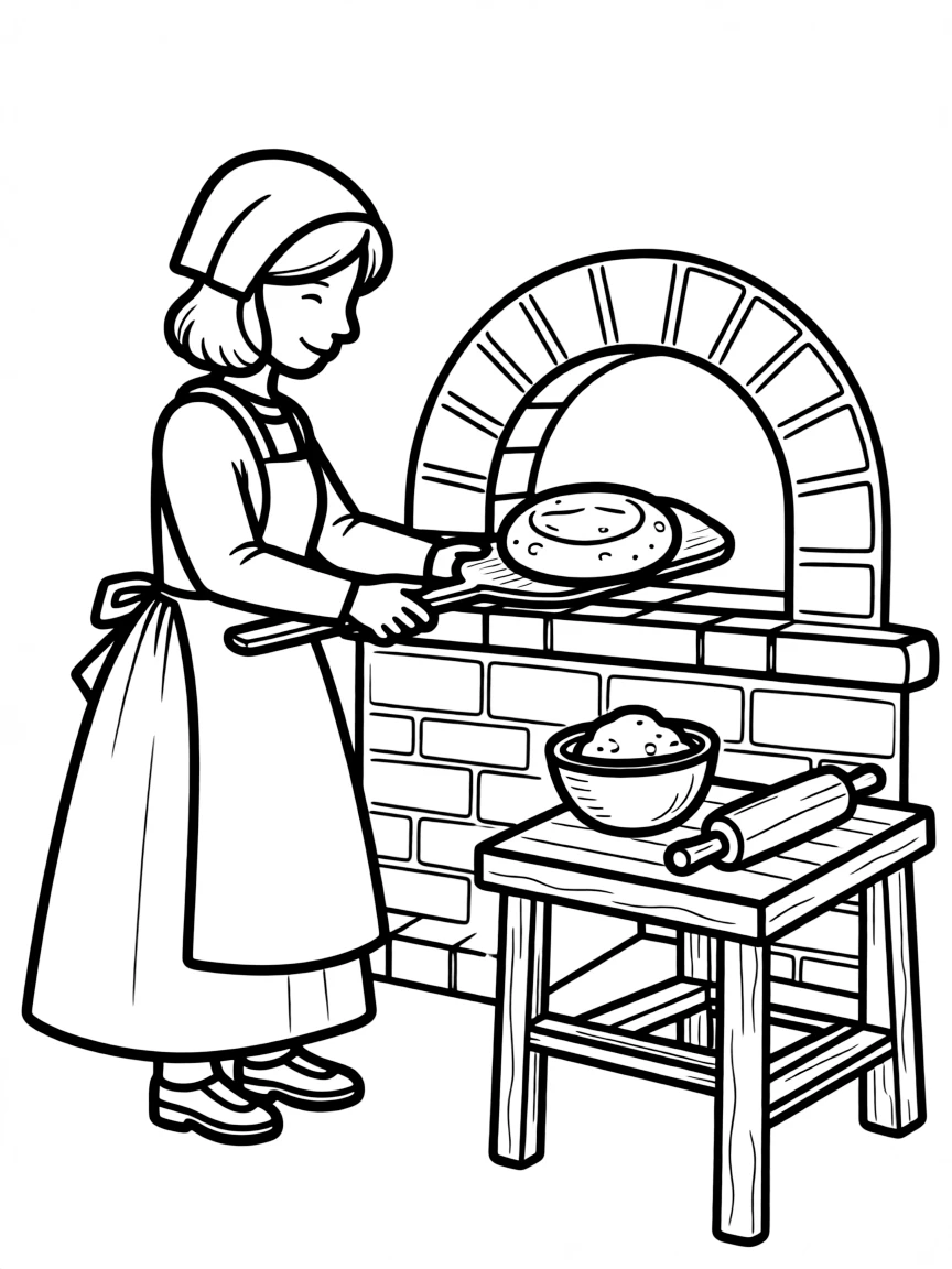 A pilgrim mother baking bread in a brick oven.