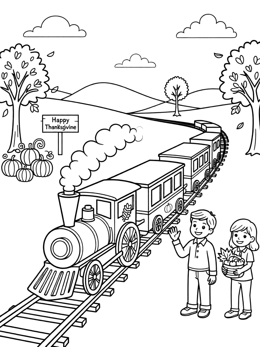 A Thanksgiving-themed train chugging through a scenic landscape.