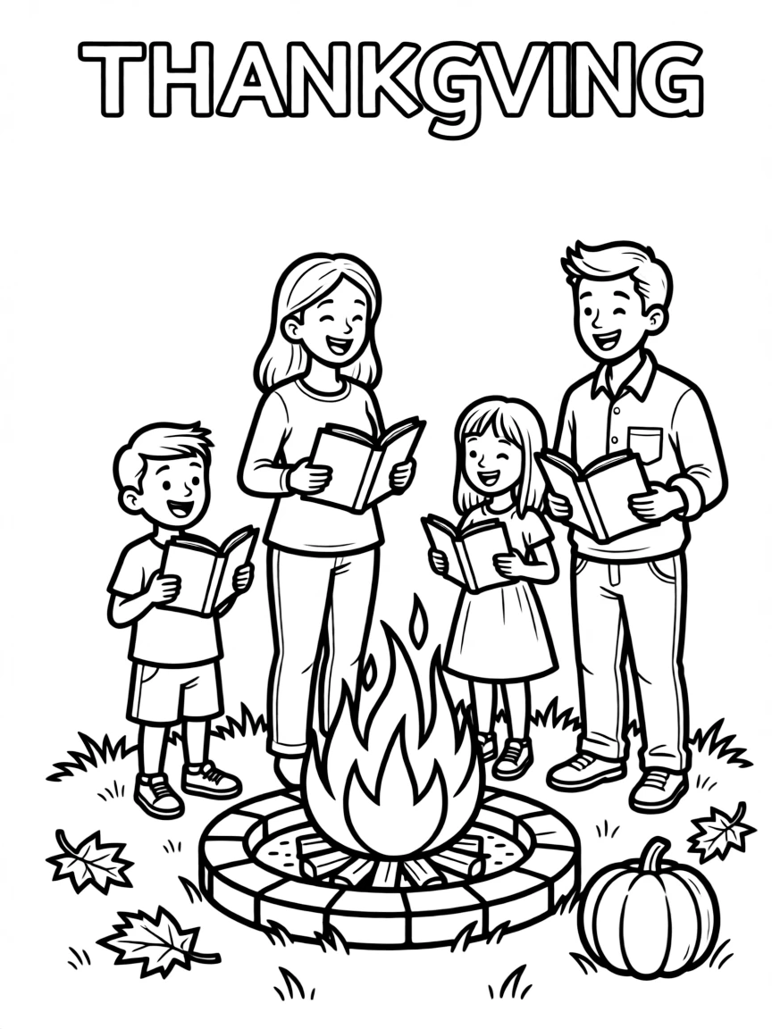 A happy family singing Thanksgiving songs around a bonfire.