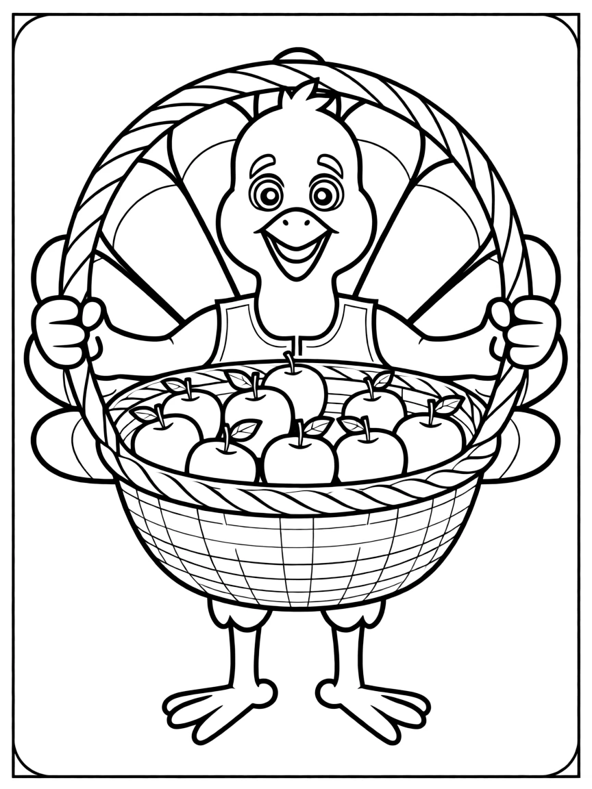 A cheerful turkey carrying a big basket of apples.