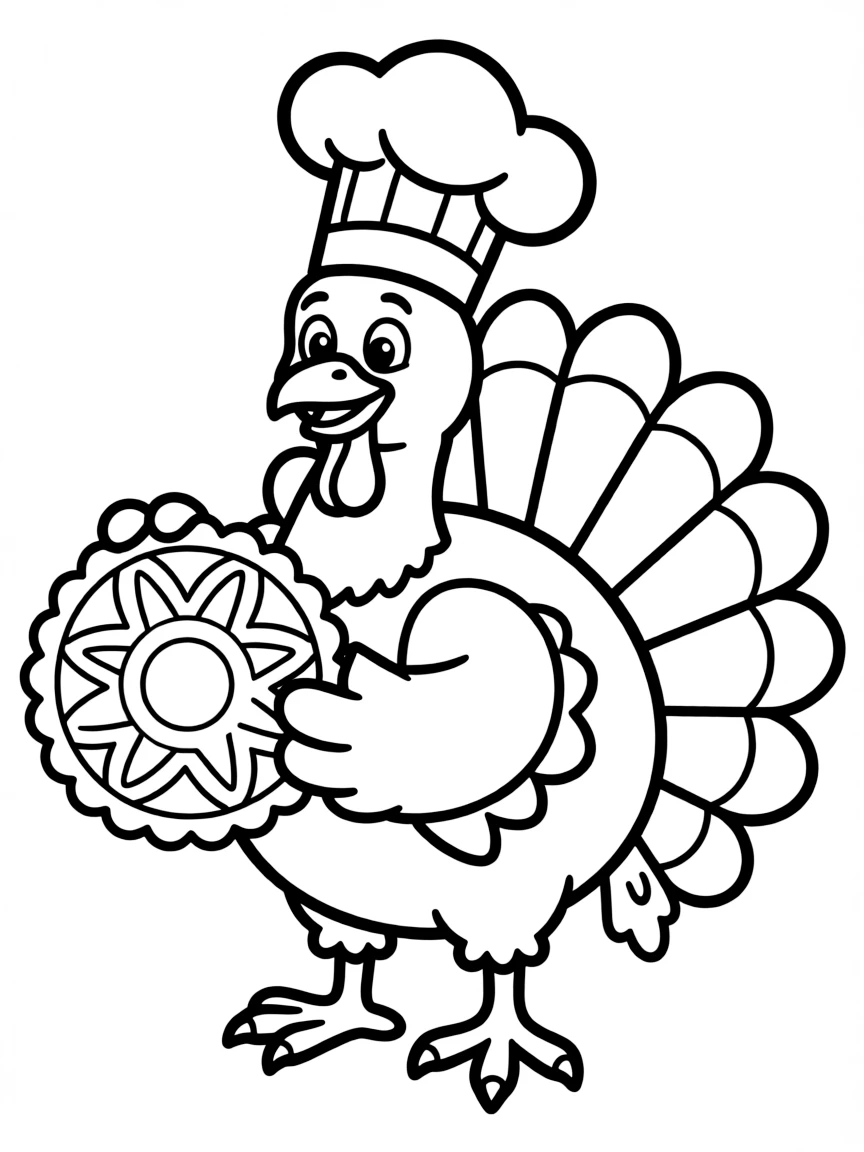 A plump turkey wearing a chef's hat, holding a pie.