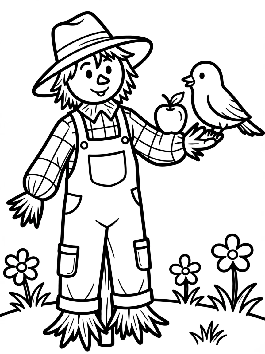 A scarecrow offering an apple to a friendly bird.