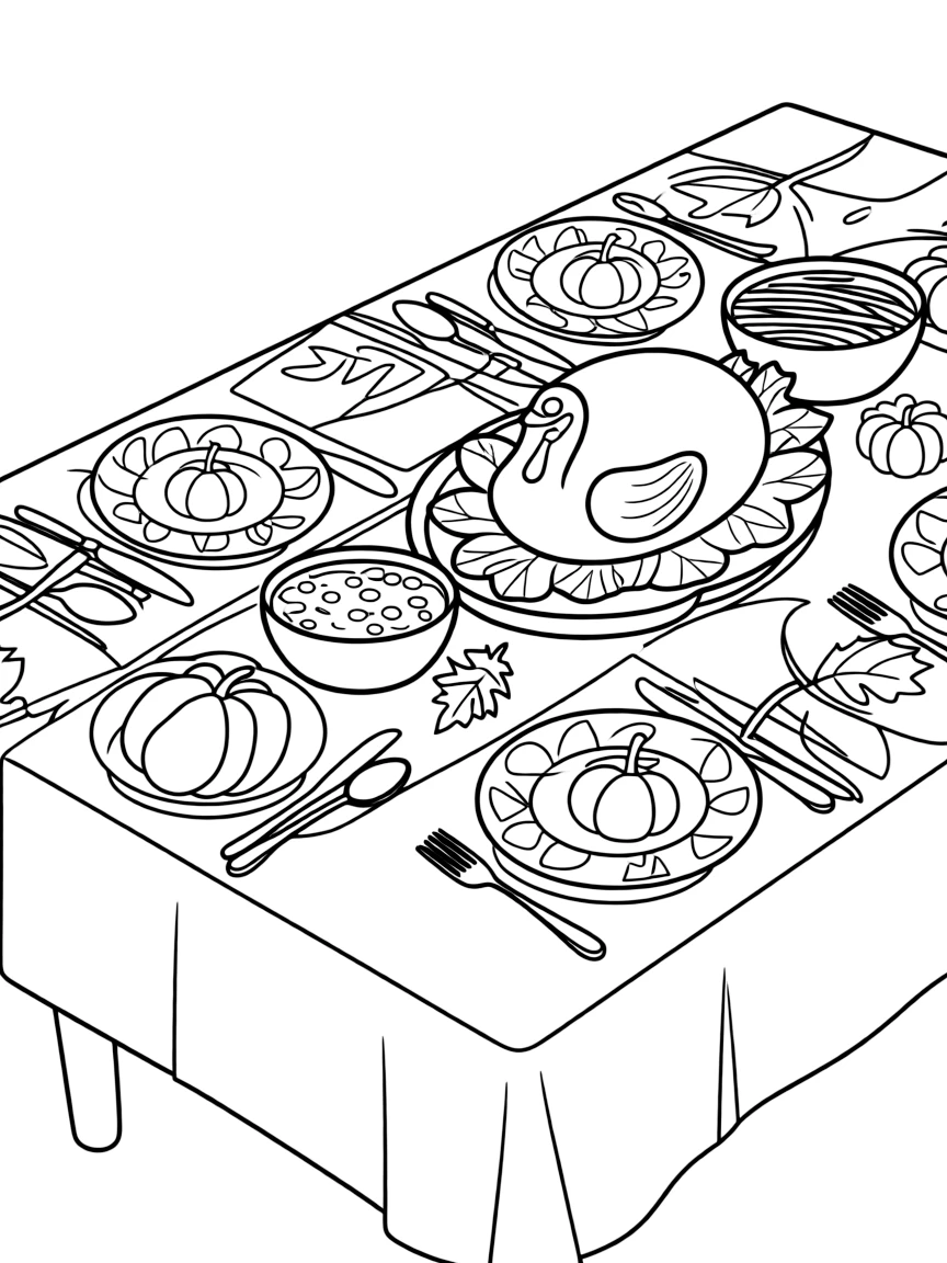 A detailed Thanksgiving table with cutlery and decorative plates.