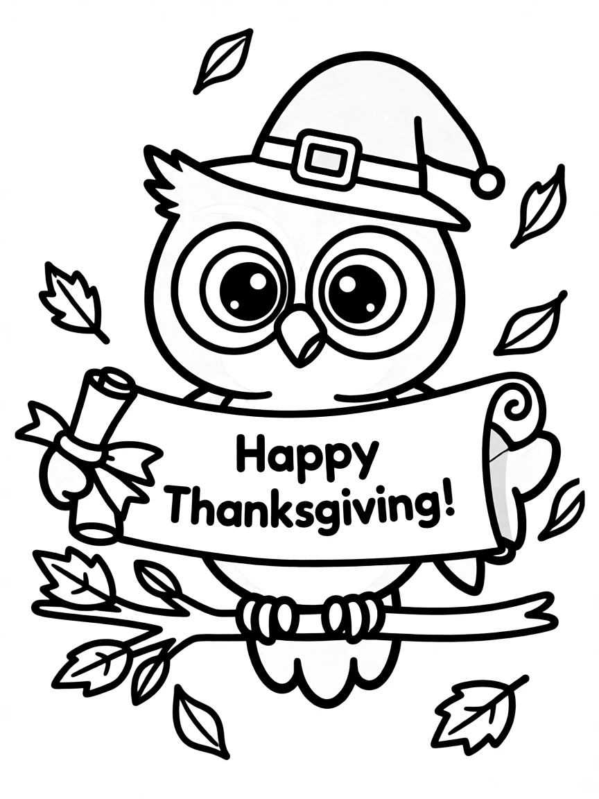 A cute owl delivering a Thanksgiving message scroll.