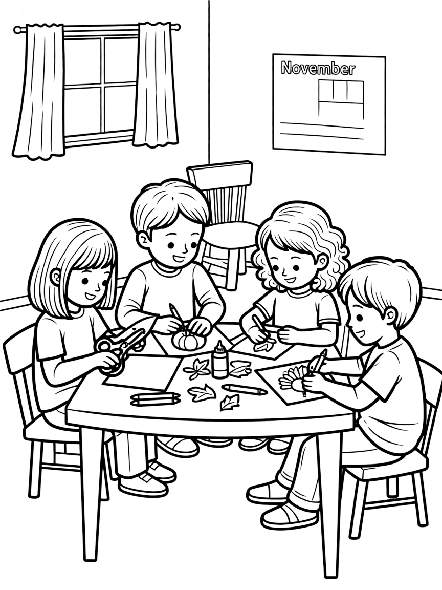 A group of kids making Thanksgiving cards for their family.