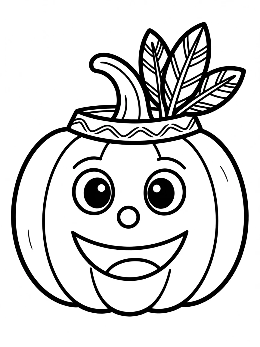 A smiling pumpkin wearing a small Native American headdress.