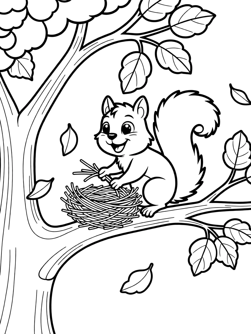 A friendly squirrel building a nest in an autumn tree.
