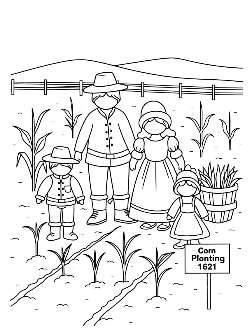 A family of cartoon pilgrims planting corn in a field.